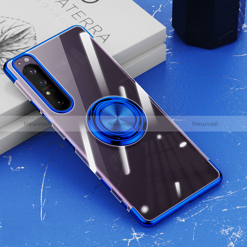 Ultra-thin Transparent TPU Soft Case Cover with Magnetic Finger Ring Stand for Sony Xperia 1 III Blue