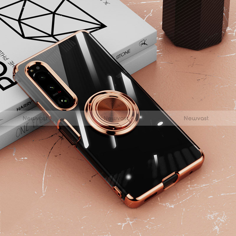 Ultra-thin Transparent TPU Soft Case Cover with Magnetic Finger Ring Stand for Sony Xperia 1 IV