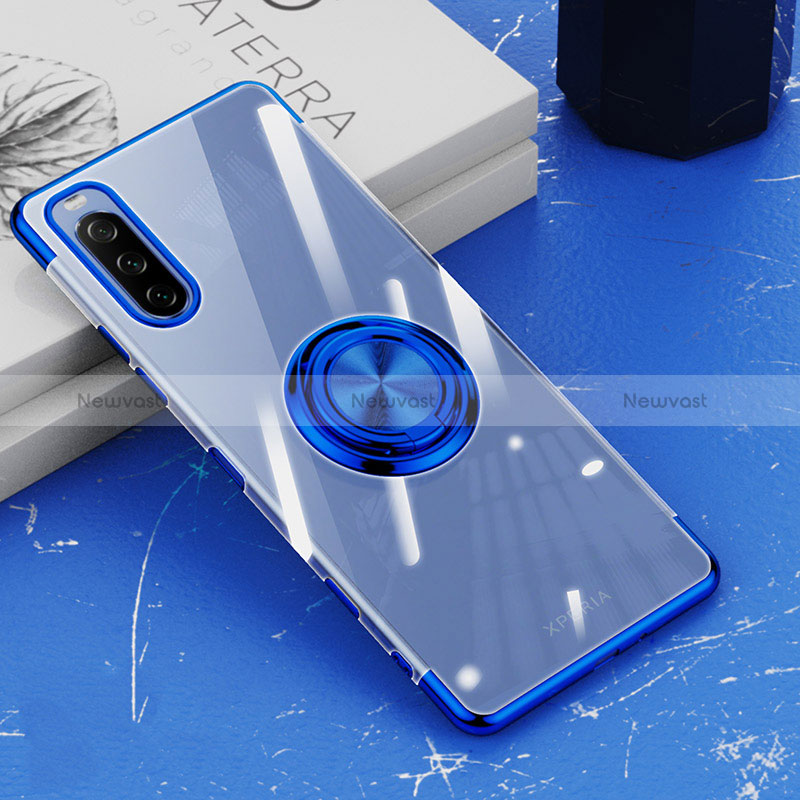 Ultra-thin Transparent TPU Soft Case Cover with Magnetic Finger Ring Stand for Sony Xperia 10 III Blue