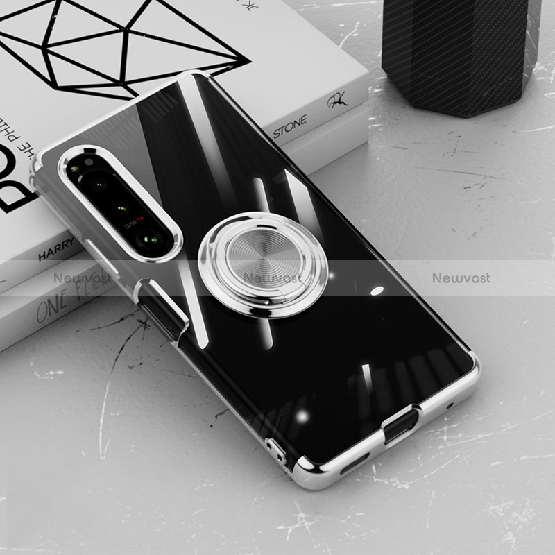 Ultra-thin Transparent TPU Soft Case Cover with Magnetic Finger Ring Stand for Sony Xperia 10 IV SOG07 Silver