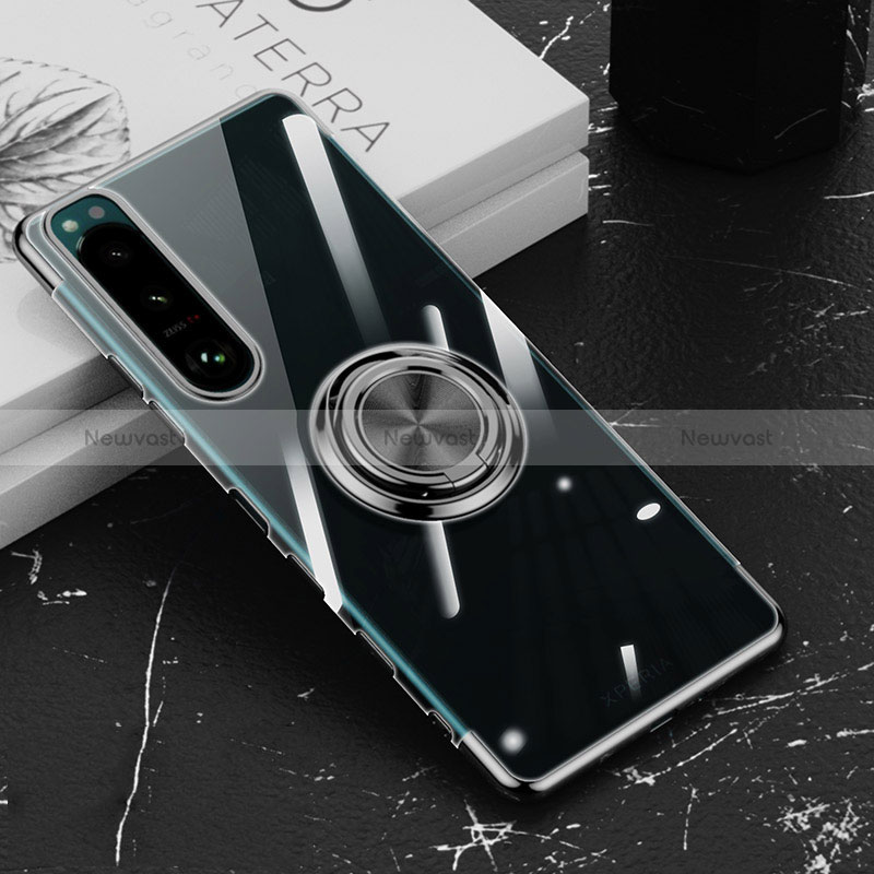Ultra-thin Transparent TPU Soft Case Cover with Magnetic Finger Ring Stand for Sony Xperia 5 III SO-53B