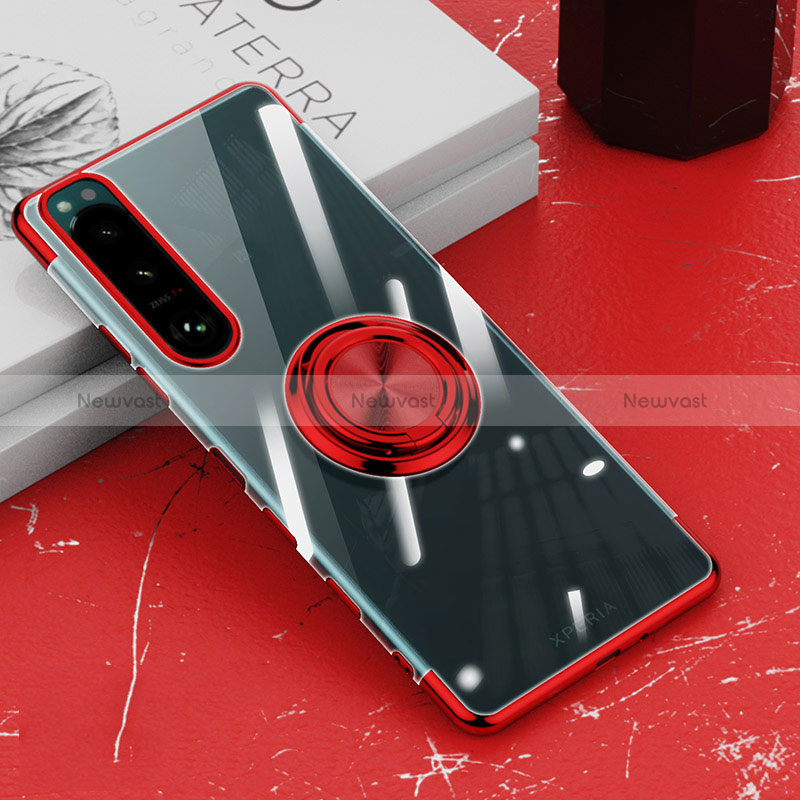 Ultra-thin Transparent TPU Soft Case Cover with Magnetic Finger Ring Stand for Sony Xperia 5 III SO-53B Red