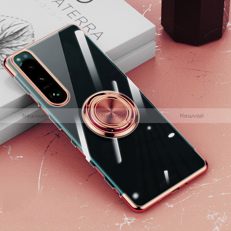 Ultra-thin Transparent TPU Soft Case Cover with Magnetic Finger Ring Stand for Sony Xperia 5 III SO-53B Rose Gold