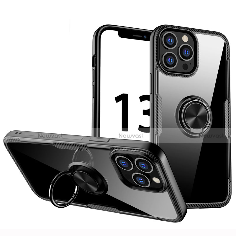 Ultra-thin Transparent TPU Soft Case Cover with Magnetic Finger Ring Stand S01 for Apple iPhone 13 Pro Black