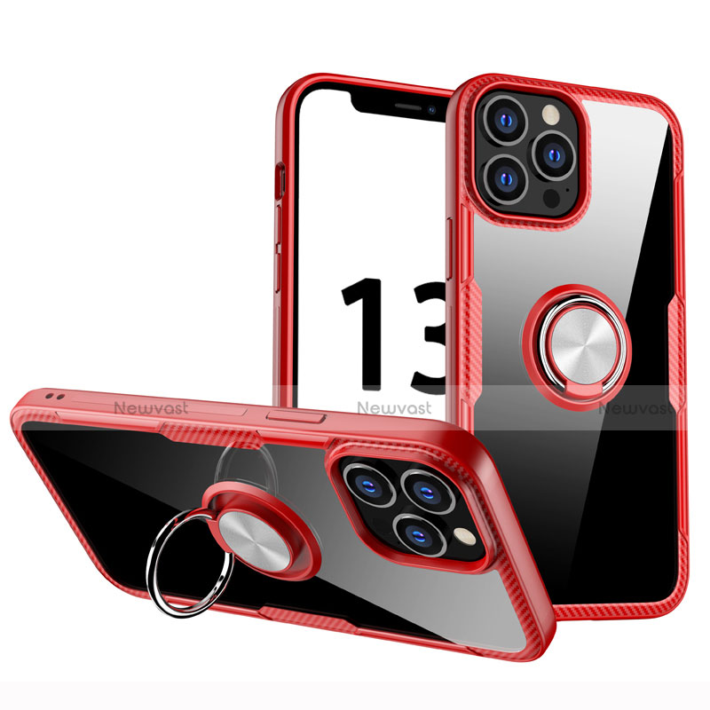 Ultra-thin Transparent TPU Soft Case Cover with Magnetic Finger Ring Stand S01 for Apple iPhone 13 Pro Red