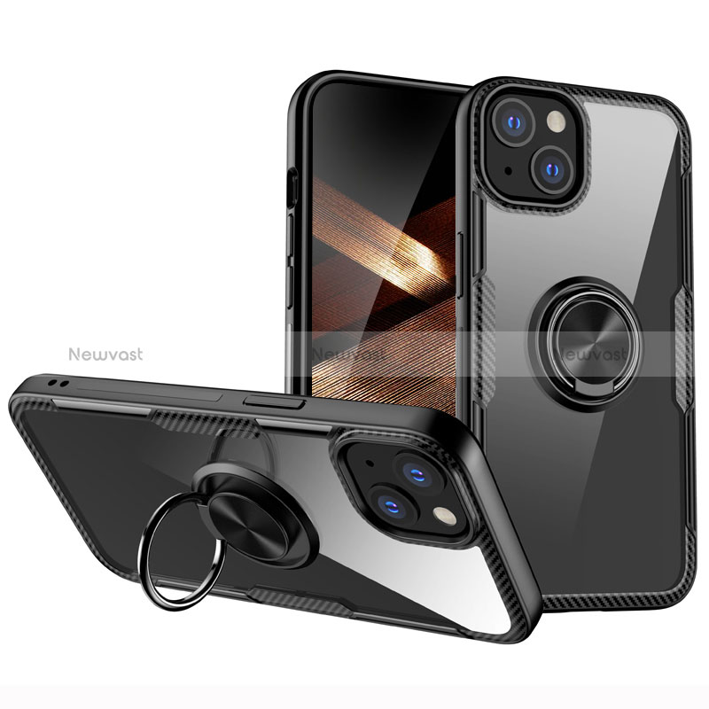 Ultra-thin Transparent TPU Soft Case Cover with Magnetic Finger Ring Stand S01 for Apple iPhone 15 Black