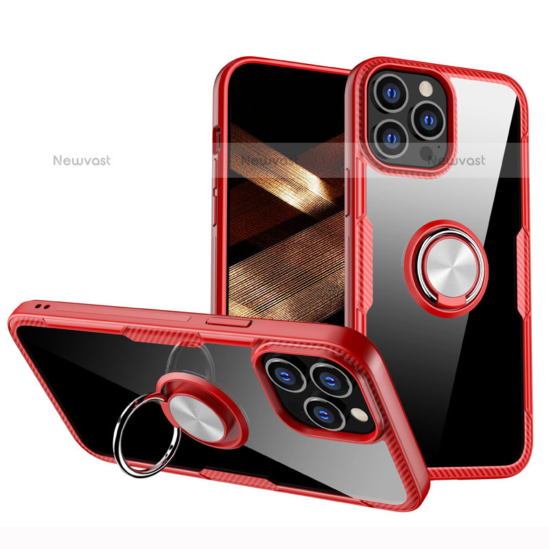 Ultra-thin Transparent TPU Soft Case Cover with Magnetic Finger Ring Stand S01 for Apple iPhone 15 Pro Red