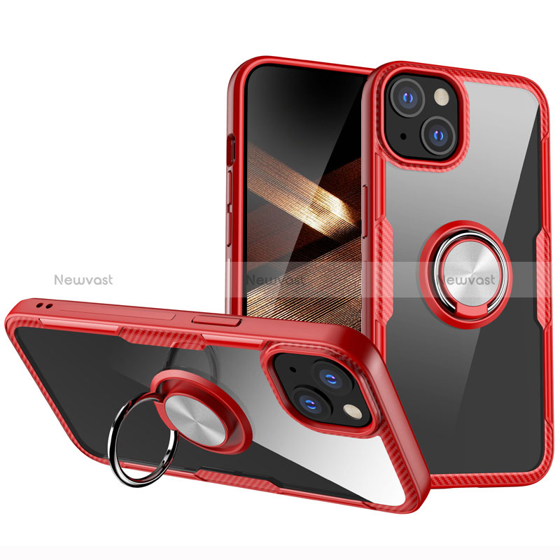 Ultra-thin Transparent TPU Soft Case Cover with Magnetic Finger Ring Stand S01 for Apple iPhone 15 Red