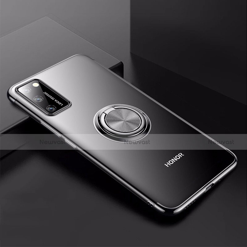Ultra-thin Transparent TPU Soft Case Cover with Magnetic Finger Ring Stand S01 for Huawei Honor V30 5G Black