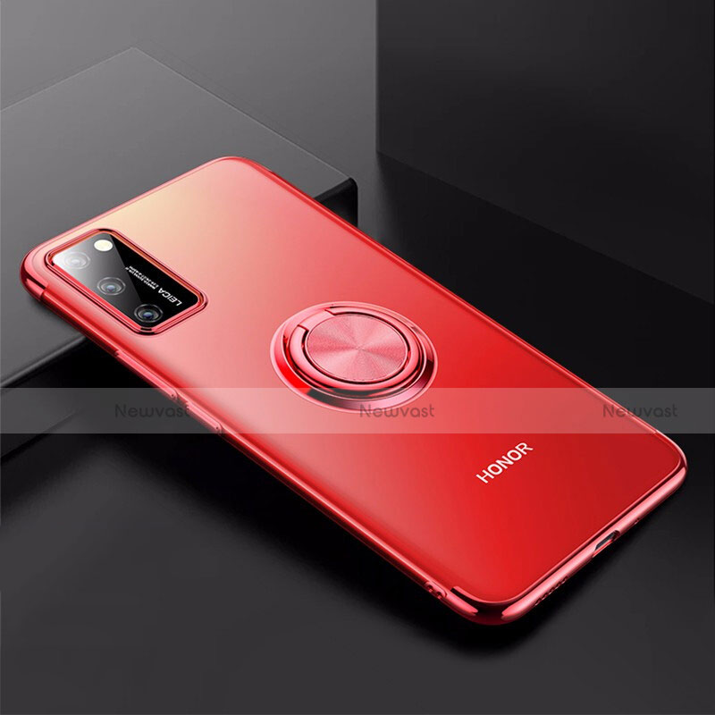 Ultra-thin Transparent TPU Soft Case Cover with Magnetic Finger Ring Stand S01 for Huawei Honor V30 Pro 5G Red