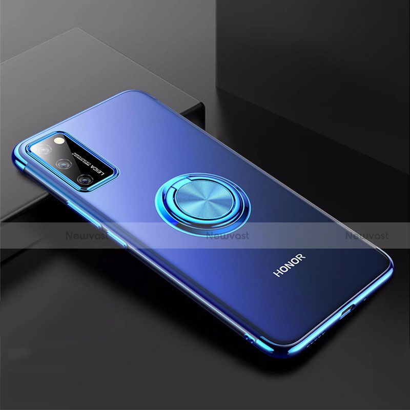 Ultra-thin Transparent TPU Soft Case Cover with Magnetic Finger Ring Stand S01 for Huawei Honor View 30 5G Blue