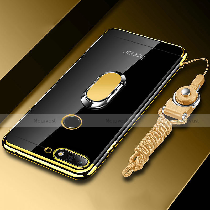 Ultra-thin Transparent TPU Soft Case Cover with Magnetic Finger Ring Stand S01 for Huawei Y6 Prime (2018) Gold