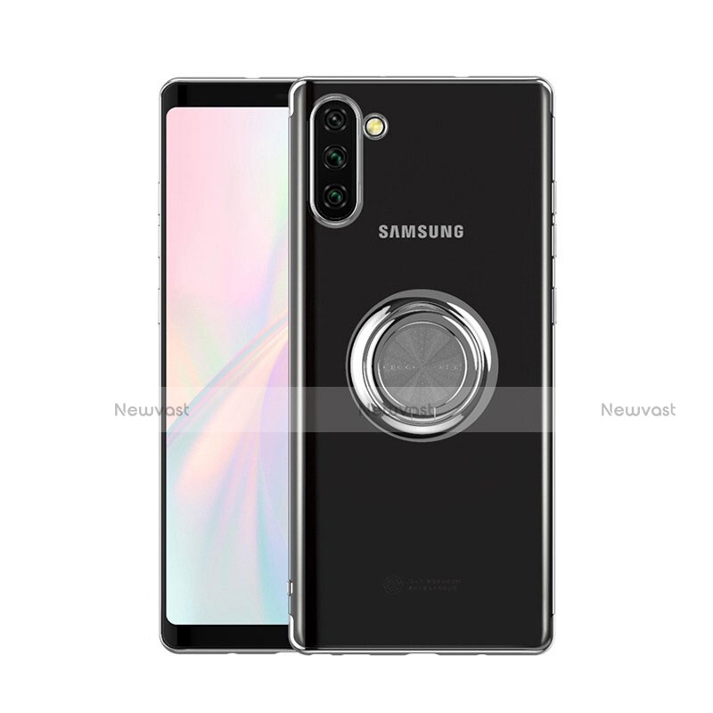 Ultra-thin Transparent TPU Soft Case Cover with Magnetic Finger Ring Stand S01 for Samsung Galaxy Note 10 Silver