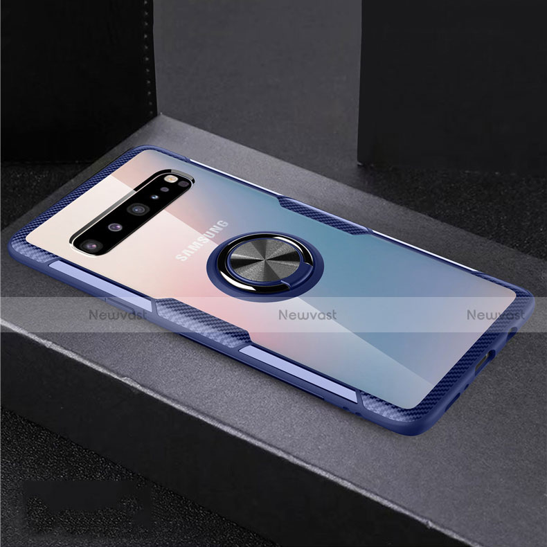 Ultra-thin Transparent TPU Soft Case Cover with Magnetic Finger Ring Stand S01 for Samsung Galaxy S10 5G SM-G977B Blue and Black