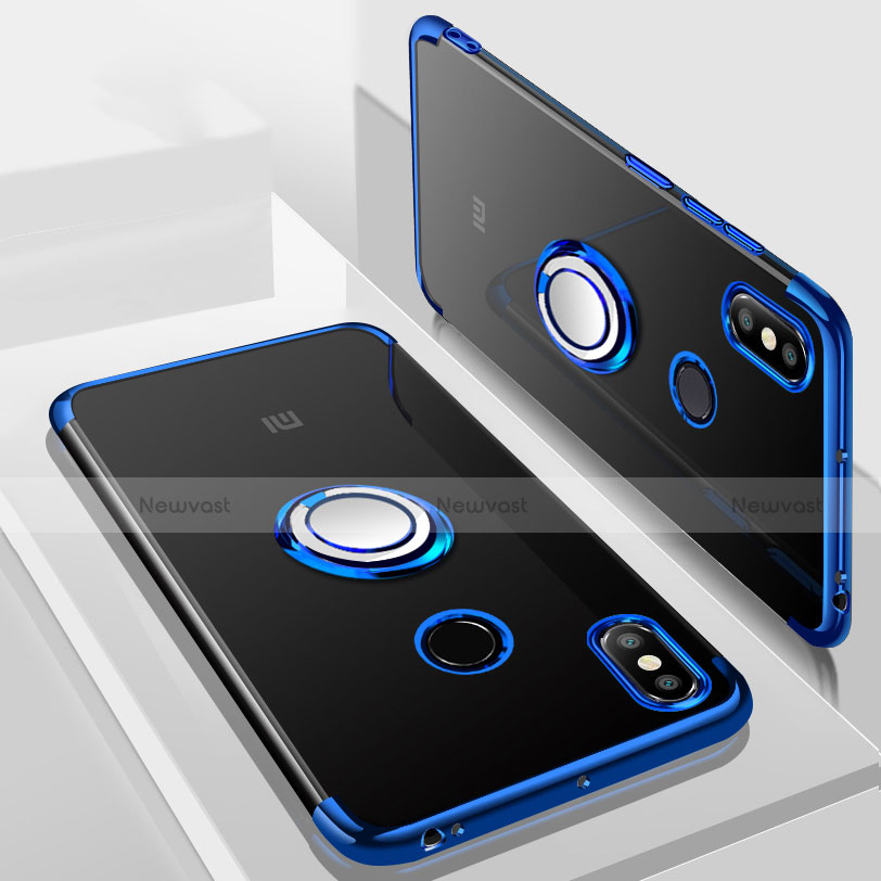 Ultra-thin Transparent TPU Soft Case Cover with Magnetic Finger Ring Stand S01 for Xiaomi Mi Max 3 Blue