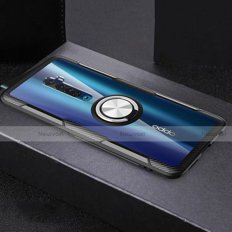 Ultra-thin Transparent TPU Soft Case Cover with Magnetic Finger Ring Stand S02 for Oppo Reno2 Silver and Black