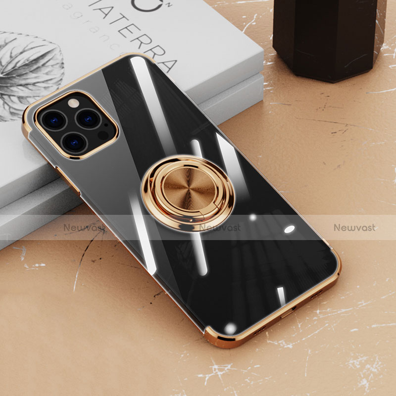 Ultra-thin Transparent TPU Soft Case Cover with Magnetic Finger Ring Stand Z02 for Apple iPhone 14 Pro Gold