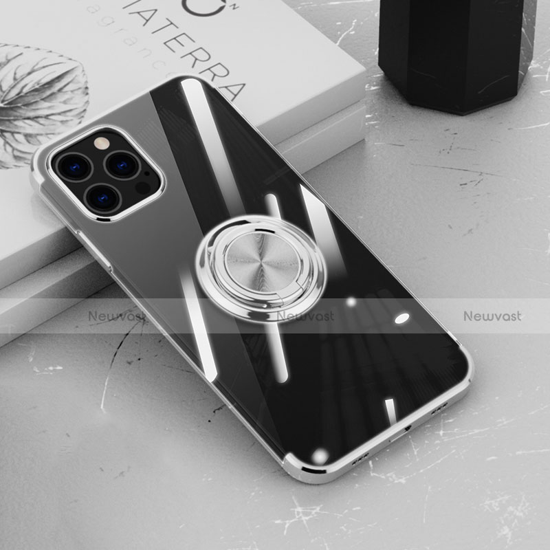 Ultra-thin Transparent TPU Soft Case Cover with Magnetic Finger Ring Stand Z02 for Apple iPhone 14 Pro Silver