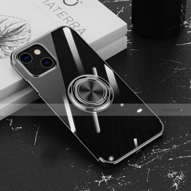 Ultra-thin Transparent TPU Soft Case Cover with Magnetic Finger Ring Stand Z02 for Apple iPhone 15 Black