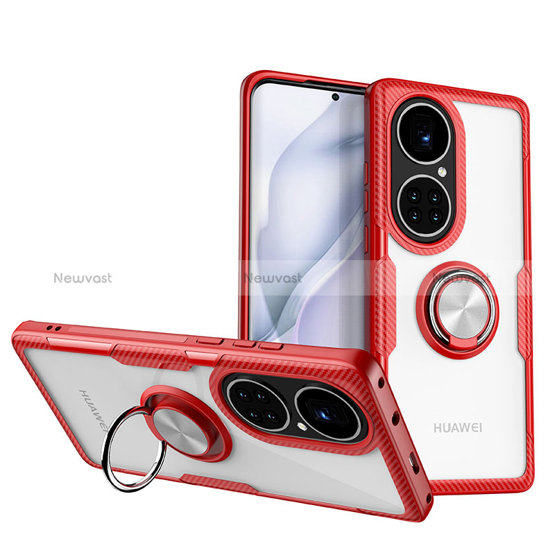 Ultra-thin Transparent TPU Soft Case Cover with Magnetic Finger Ring Stand ZL1 for Huawei P50 Red