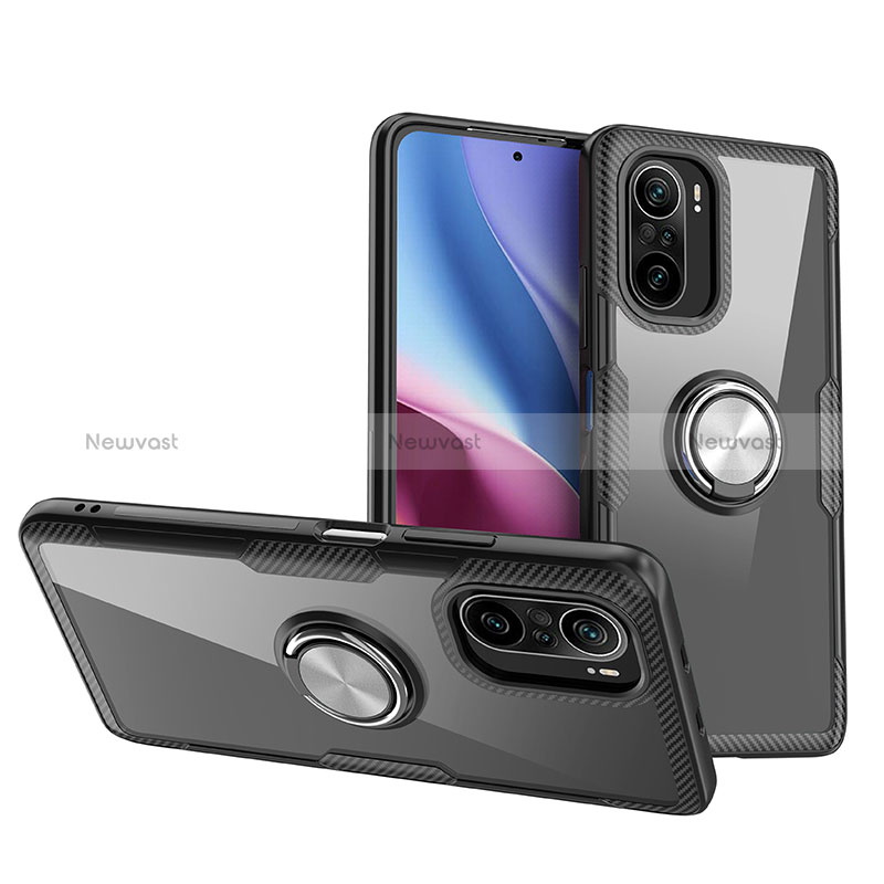 Ultra-thin Transparent TPU Soft Case Cover with Magnetic Finger Ring Stand ZL1 for Xiaomi Poco F3 5G Silver and Black