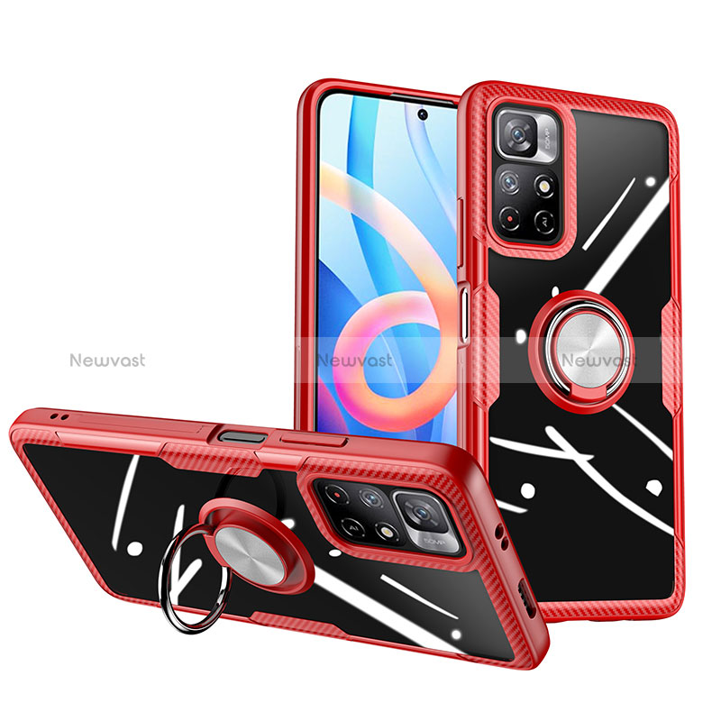 Ultra-thin Transparent TPU Soft Case Cover with Magnetic Finger Ring Stand ZL1 for Xiaomi Poco M4 Pro 5G Red