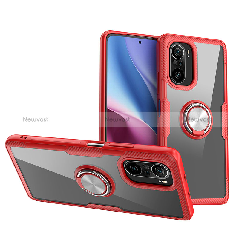 Ultra-thin Transparent TPU Soft Case Cover with Magnetic Finger Ring Stand ZL1 for Xiaomi Redmi K40 5G Red