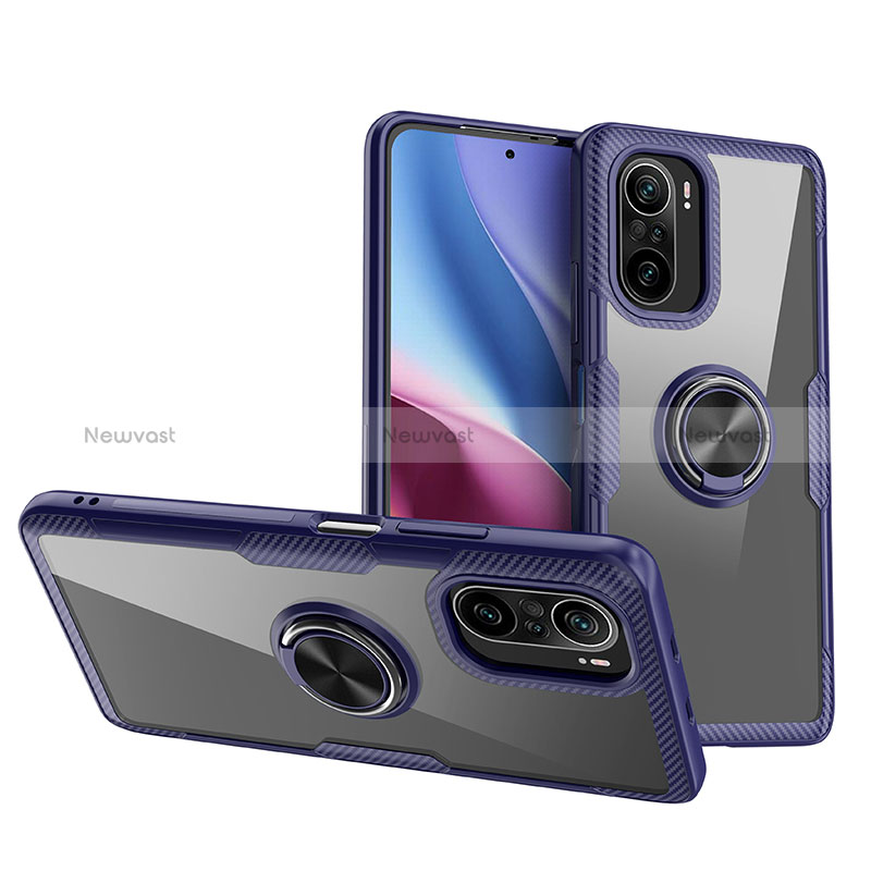 Ultra-thin Transparent TPU Soft Case Cover with Magnetic Finger Ring Stand ZL1 for Xiaomi Redmi K40 Pro 5G Blue