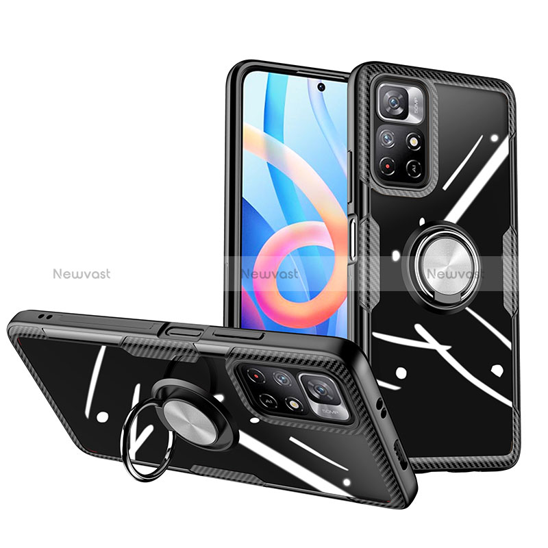 Ultra-thin Transparent TPU Soft Case Cover with Magnetic Finger Ring Stand ZL1 for Xiaomi Redmi Note 11 5G Silver and Black