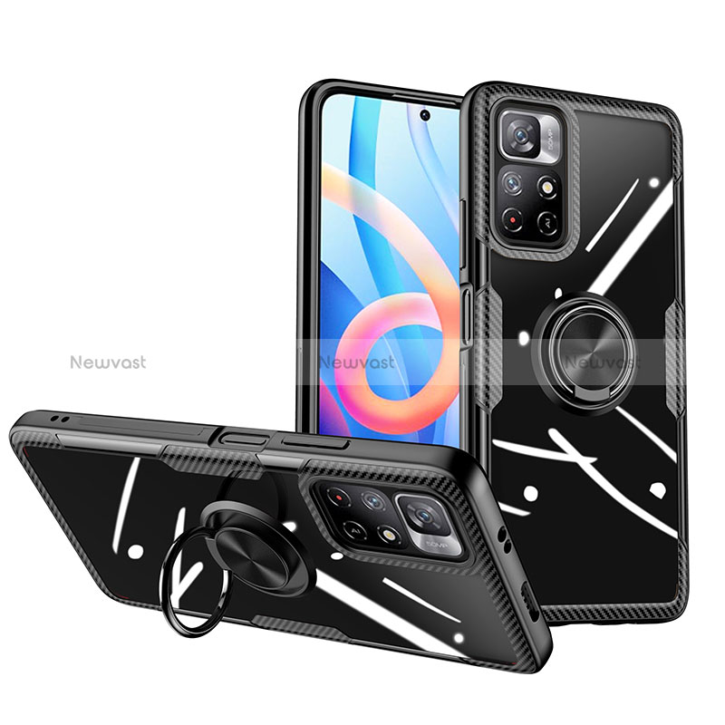 Ultra-thin Transparent TPU Soft Case Cover with Magnetic Finger Ring Stand ZL1 for Xiaomi Redmi Note 11S 5G Black